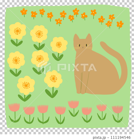 カラフルなお花畑にいる猫のイラスト素材 111194546