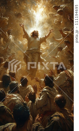 AI-generated content. Jesus ascends in a blaze of glory, followers gaze. Surrounded by followers, Jesus Christ is depicted ascending into a radiant, golden light, arms open wide, welcoming the divine 111194695