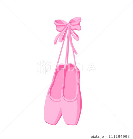 Ballet shoes hang on silk ribbon with bow illustration. Cartoon isolated points of ballerina hanging on wall. Ballet shoes hang on silk ribbon with bow illustration. Cartoon isolated points of ballerina hanging on wall. 111194998