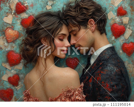AI-generated content. tender couple, foreheads touching, surrounded by textured hearts on a turquoise backdrop, evokes a vintage romance 111195014
