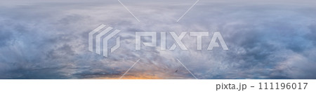 Dramatic overcast sky panorama with dark gloomy Cumulonimbus clouds. HDR 360 seamless spherical panorama. Sky dome in 3D, sky replacement for aerial drone panoramas. Climate and weather change. 111196017