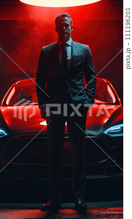 AI-generated content. man in a suit stands before a car under red lighting 111196201