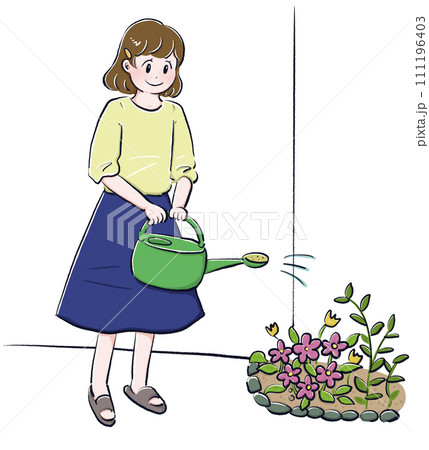 花壇の水やりをする女性 花壇の水やりをする女性 111196403