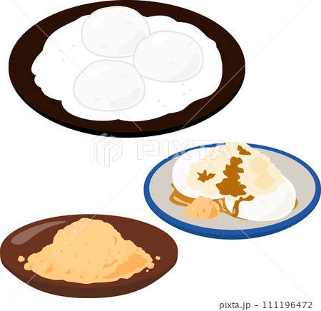 餅とり粉の上に丸めて置いた餅 111196472