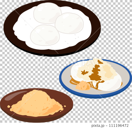 餅とり粉の上に丸めて置いた餅 111196472