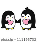 Penguin Couple with Heart and Holding Hands, Cartoon Illustration of Cute Penguins in Love 111196732