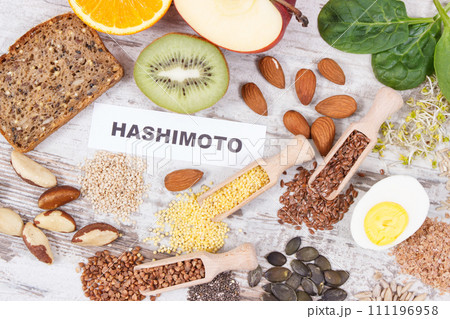 Inscription hashimoto and best food for healthy thyroid. Dieting and slimming concept 111196958