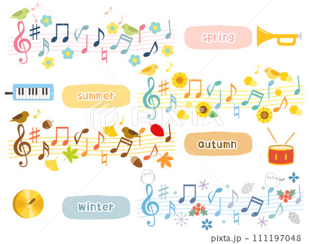 春夏秋冬の音楽会や音楽をイメージした植物と鳥と楽器のイラストのセット 111197048