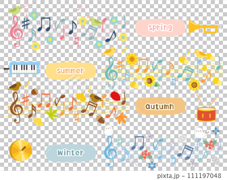 春夏秋冬の音楽会や音楽をイメージした植物と鳥と楽器のイラストのセット 111197048