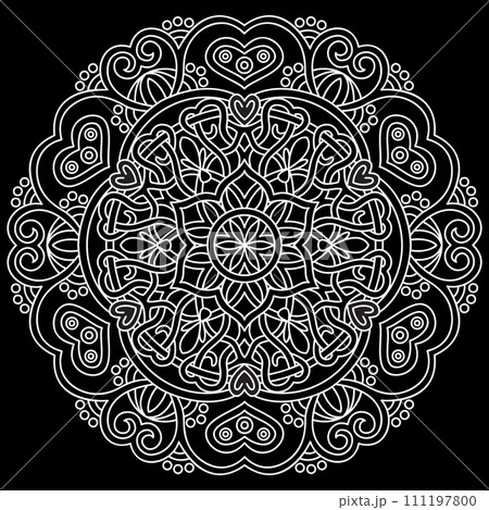 Mandala line art designs on black background. Coloring page for kids and adults. 111197800