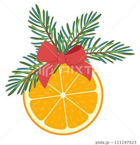 Christmas decor of orange slice, red bow and pine needles. 111197823