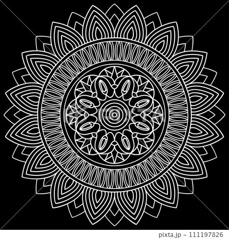 Mandala line art designs on black background. Coloring page for kids and adults. 111197826
