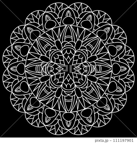 Mandala line art designs on black background. Coloring page for kids and adults. 111197901