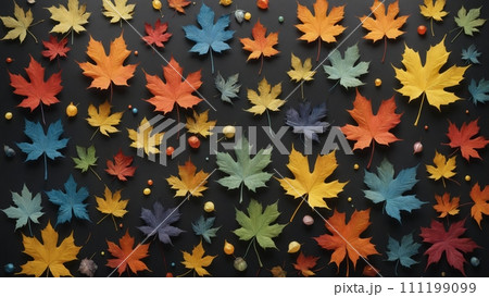 Autumnal plant leaves in different shapes and colors lined up next to each other 111199099