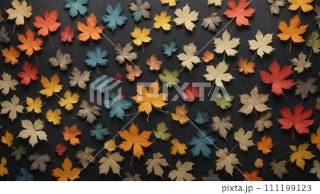 Autumnal plant leaves in different shapes and colors lined up next to each other 111199123