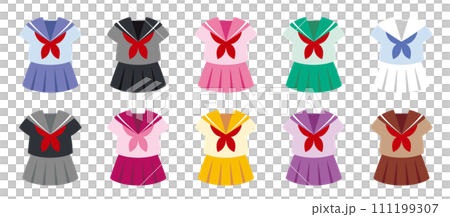 シンプルでカラフルなセーラー服のアイコンセットB（夏服半袖）／uniform 111199307