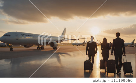 Business people in business attire wait at the airport, look at the tarmac with planes standing and flying, and make their way to boarding Business people in business attire wait at the airport, look at the tarmac with planes standing and flying, and make their way to boarding 111199666