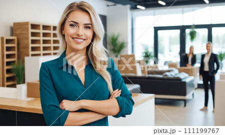 Poised furniture sales manager, woman stands confidently amidst variety of home decor items. With expert knowledge in interior design, assists customers. Expertise in Interior Design Poised furniture sales manager, woman stands confidently amidst variety of home decor items. With expert knowledge in interior design, assists customers. Expertise in Interior Design 111199767
