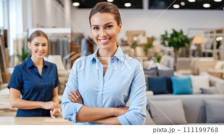 Successful Furniture Store Manager in Elegant Attire, woman 30s, Showcasing Stylish Home Decor and Furnishings, Assisting Customers with Choices Successful Furniture Store Manager in Elegant Attire, woman 30s, Showcasing Stylish Home Decor and Furnishings, Assisting Customers with Choices 111199768