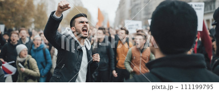 Man Expressing Anger at Protest, Crowd in Background, Strong Emotions Evident, Signs and Banners Indicating Large Gathering Man Expressing Anger at Protest, Crowd in Background, Strong Emotions Evident, Signs and Banners Indicating Large Gathering 111199795