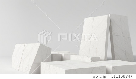 Product placement setting podium rough white stone slabs. Stone podium for display product. Background for cosmetic product branding, identity and packaging inspiration. 111199847