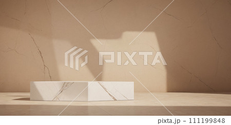 Minimal scene mockup with stone. product podium with copy space for banners, promotions, cosmetic product showcases. Pastel cream and beige colors. Scene to show products. Showcase, display case 111199848