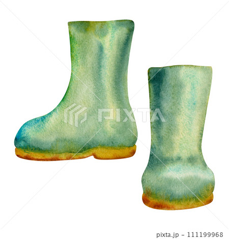 Hand drawn watercolor illustration spring gardening, footwear green rubber rain gum boots shoes wellington. Single object isolated on white background. Design print, shop, scrapbooking, packaging Hand drawn watercolor illustration spring gardening, footwear green rubber rain gum boots shoes wellington. Single object isolated on white background. Design print, shop, scrapbooking, packaging 111199968
