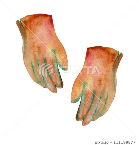Hand drawn watercolor illustration spring gardening tools, brown leather working gloves accessory. Single object isolated on white background. Design print, shop, scrapbooking, packaging, fashion Hand drawn watercolor illustration spring gardening tools, brown leather working gloves accessory. Single object isolated on white background. Design print, shop, scrapbooking, packaging, fashion 111199977
