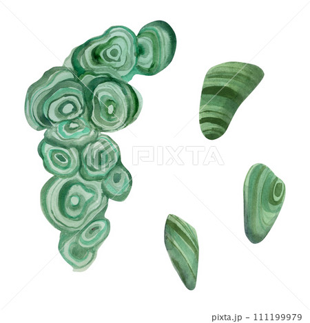 Hand drawn watercolor illustration precious semiprecious jewel gem crystal chakra birth stone. Malachite agate green. Set of objects isolated on white background. Design print, shop, jewelry, fashion Hand drawn watercolor illustration precious semiprecious jewel gem crystal chakra birth stone. Malachite agate green. Set of objects isolated on white background. Design print, shop, jewelry, fashion 111199979
