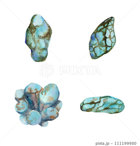 Hand drawn watercolor illustration precious semiprecious jewel gem crystal chakra birth stone. Turquoise chrysocolla. Set of objects isolated on white background. Design print, shop, jewelry, fashion Hand drawn watercolor illustration precious semiprecious jewel gem crystal chakra birth stone. Turquoise chrysocolla. Set of objects isolated on white background. Design print, shop, jewelry, fashion 111199980