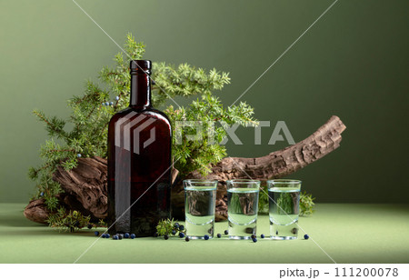 Gin in vintage bottle on a background of old snags and juniper branches. Gin in vintage bottle on a background of old snags and juniper branches. 111200078