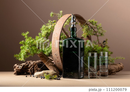 Gin in vintage bottle with rusty iron wheel, old snags, and juniper branches. Gin in vintage bottle with rusty iron wheel, old snags, and juniper branches. 111200079