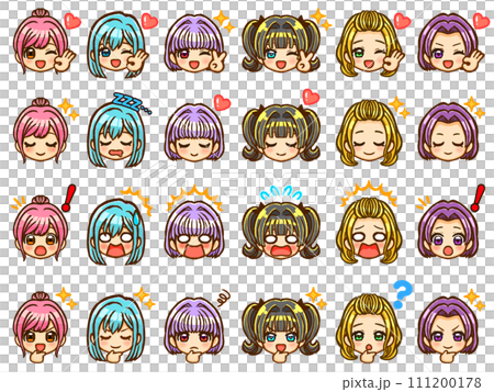 赤壁人物臉部表情圖示素材集，適合華麗髮色的女孩 111200178