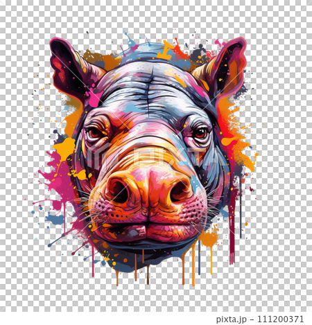 A cute colorful hippo head painting on a clean background, isolated on a white background. Wildlife Animals. Illustration, Generative AI. A cute colorful hippo head painting on a clean background, isolated on a white background. Wildlife Animals. Illustration, Generative AI. 111200371