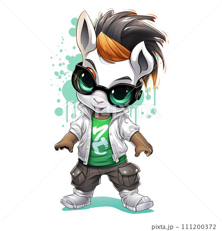A cute white horse animated DJ and dancer showcasing lively hip-hop vibes in a vibrant cartoon setting. Animals. Illustration, Generative AI. 111200372