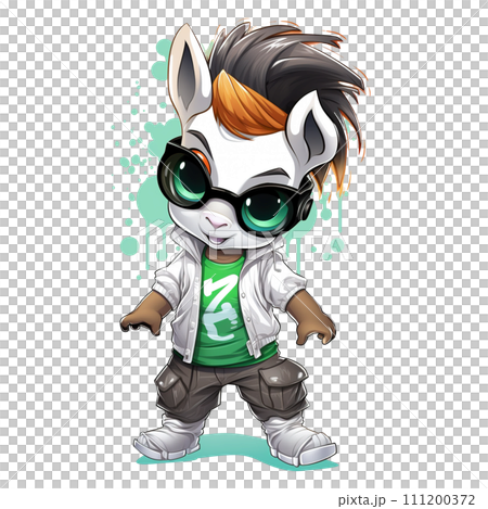A cute white horse animated DJ and dancer showcasing lively hip-hop vibes in a vibrant cartoon setting. Animals. Illustration, Generative AI. 111200372