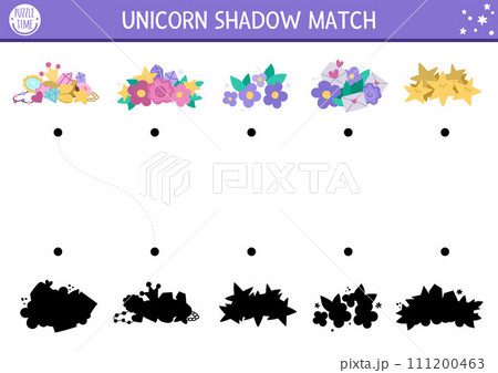 Unicorn shadow matching activity with treasures. Magic world puzzle with cute gem stone, crystal, flower, fallen stars. Find correct silhouette printable worksheet, game. Fairytale page for kids 111200463