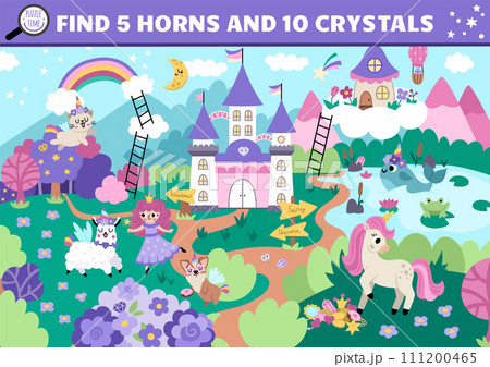 Vector unicorn searching game with magic village landscape. Spot hidden crystals and horns. Simple fantasy or fairytale world seek and find educational printable activity for kids Vector unicorn searching game with magic village landscape. Spot hidden crystals and horns. Simple fantasy or fairytale world seek and find educational printable activity for kids 111200465