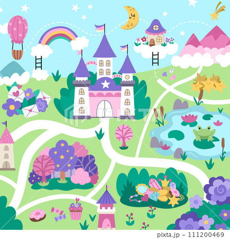 Unicorn village map. Fairytale background. Vector magic country scenes infographic elements with castle, rainbow, forest, pond, road. Fantasy world square plan with fallen stars, treasures 111200469
