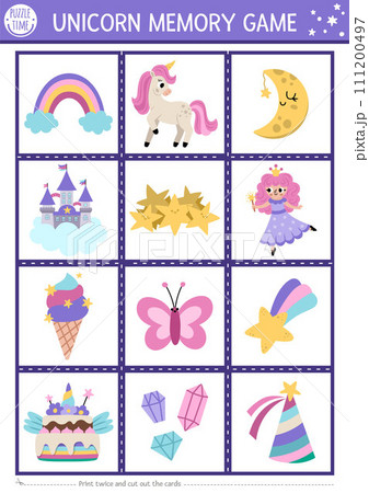 Vector unicorn memory game cards with cute rainbow, falling star, fairy. Magic, fantasy world matching activity. Remember and find correct card. Fairytale printable worksheet for kids 111200497