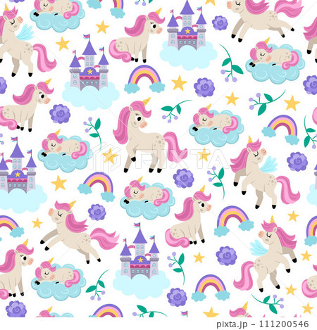 Vector seamless pattern for unicorn birthday party. Repeat background with stars, castle on cloud, rainbow, purple flowers. Fantasy world or fairytale digital paper 111200546