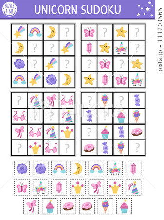 Vector unicorn sudoku puzzle for kids with pictures. Simple fairytale quiz with cut and glue elements. Education activity or coloring page with rainbow, crystal, falling star. Draw missing objects 111200565