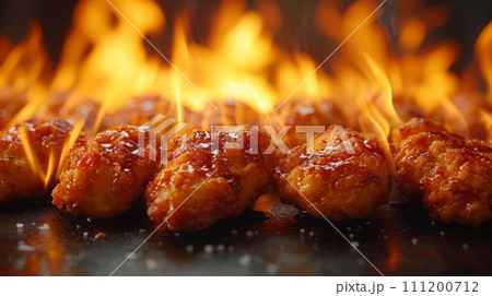 Close up view of delicious crispy bbq fried chickens. Food concept. 111200712