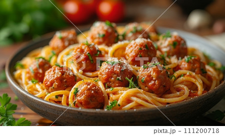 Close up view of delicious spaghetti with meat balls. Western food concept 111200718