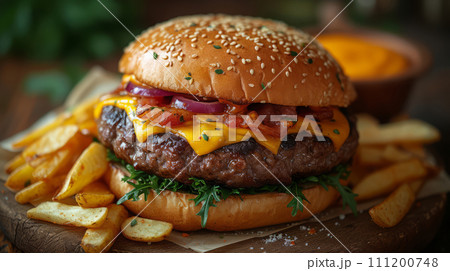 Close up view of delicious cheeseburger. Fast food concept. Close up view of delicious cheeseburger. Fast food concept. 111200748
