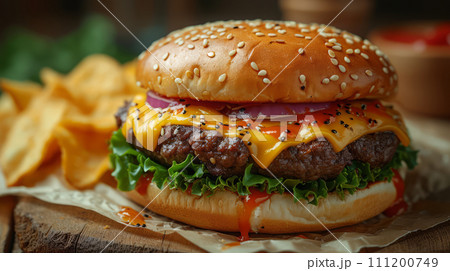 Close up view of delicious cheeseburger. Fast food concept. Close up view of delicious cheeseburger. Fast food concept. 111200749