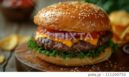 Close up view of delicious cheeseburger. Fast food concept. 111200750