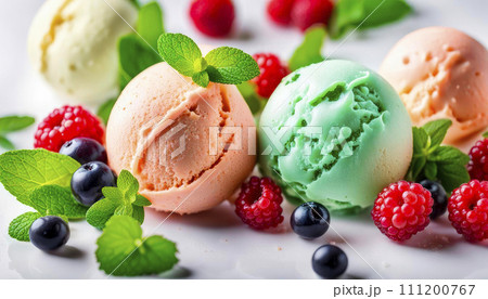 Assorted of scoops ice cream. Top view of colorful set of ice cream of different flavours with mint 111200767