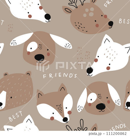 Seamless childish pattern cartoon with bear, deer, dog, wolf.  111200862
