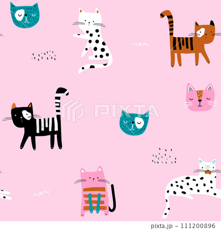 Seamless pattern with cute cats. Creative childish pink texture. Seamless pattern with cute cats. Creative childish pink texture. 111200896